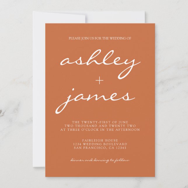 Simple Chic Calligraphy Burnt Orange Wedding Einladung (Vorderseite)