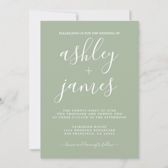 Simple Chic Calligraphy Laurel Green Wedding Einladung (Vorderseite)