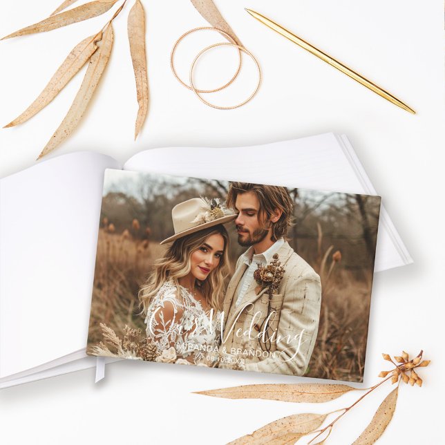 Simple Chic Elegant Calligraphy Photo Wedding Gästebuch (Von Creator hochgeladen)