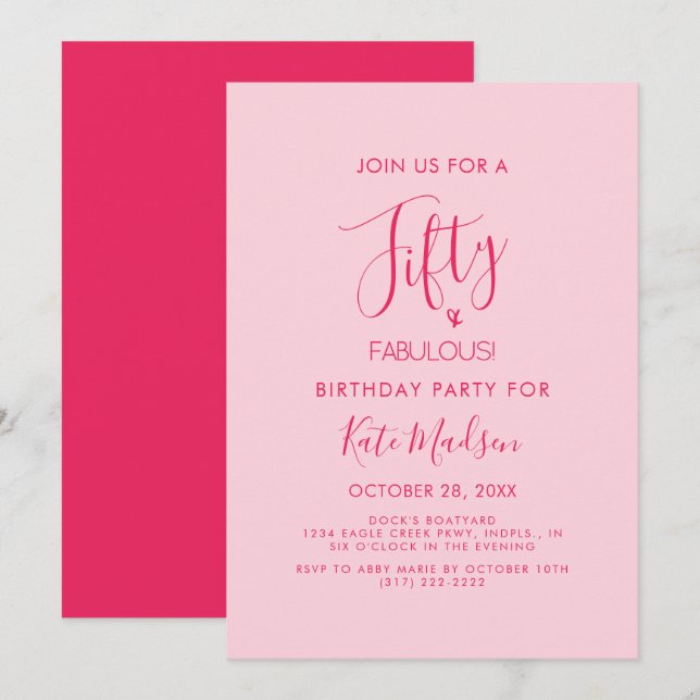 Simple Chic Fifty & FABULOUS! Pink Birthday Party Einladung (Vorne/Hinten)