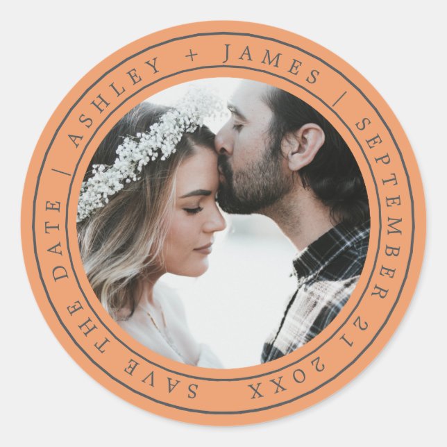 Simple Chic Save the Date Wedding Foto Orange Cla Runder Aufkleber (Vorderseite)