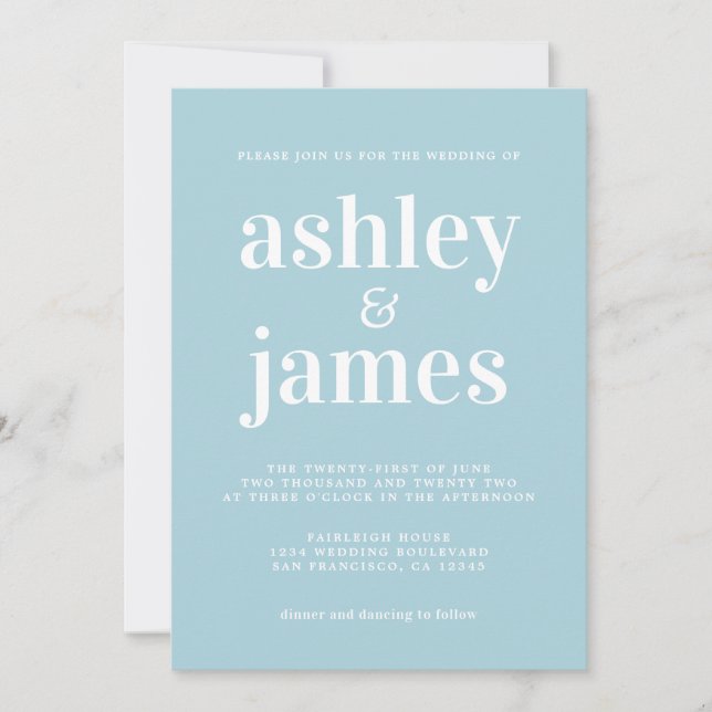 Simple Chic Typografy Blue Glow Wedding Einladung (Vorderseite)