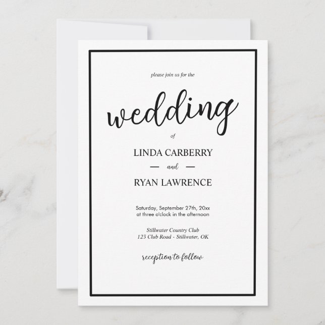 Simple Classic Black and White Wedding Invitation Einladung (Vorderseite)