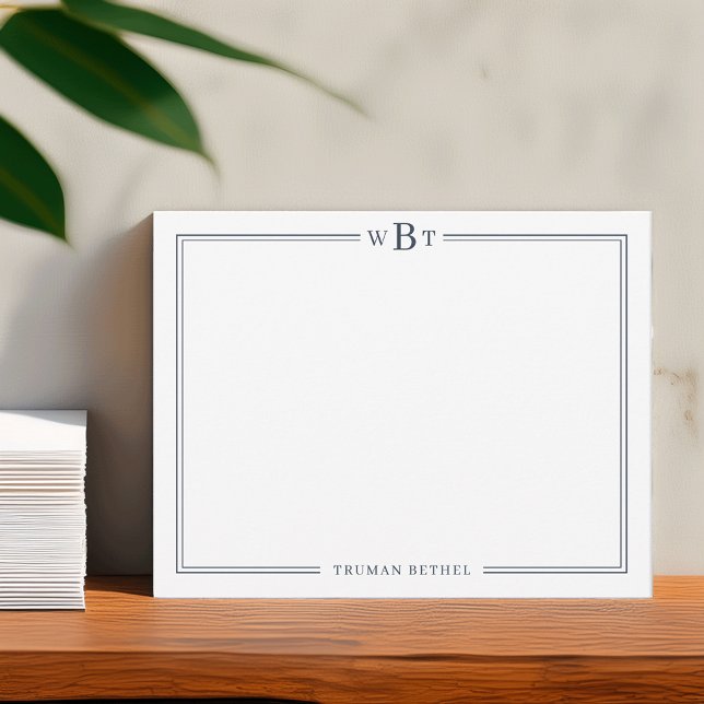 Simple Classic Navy Blue 3-Initial Monogram & Name Mitteilungskarte (Von Creator hochgeladen)