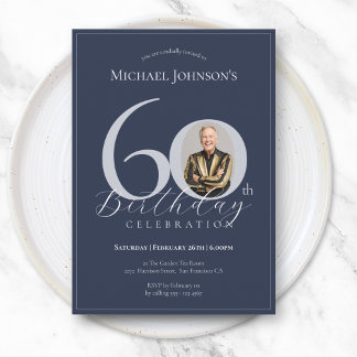 Simple Classy Navy Blue Silver Photo 60th Birthday Einladung