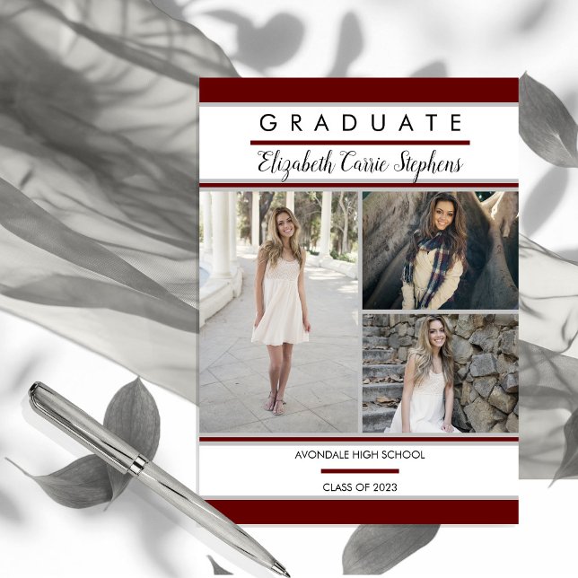 Simple Classy Three Foto Maroon |Weißer Abschluss Magnetkarte (Von Creator hochgeladen)