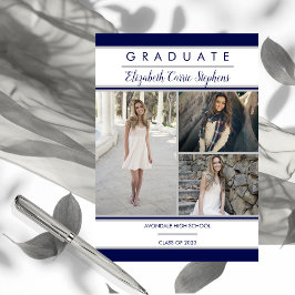 Simple Classy Three Photo Blue |White Graduation Magnetkarte