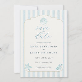 Simple Coastal Seashell Blue Wedding Save the Date Einladung