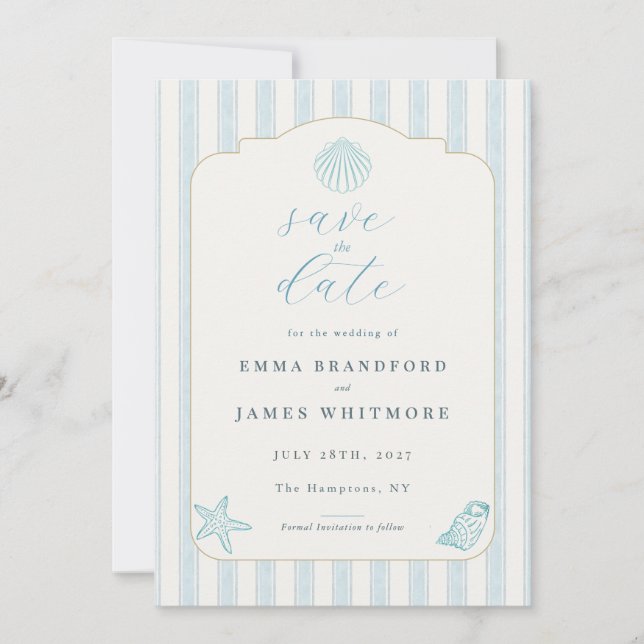 Simple Coastal Seashell Blue Wedding Save the Date Einladung (Vorderseite)