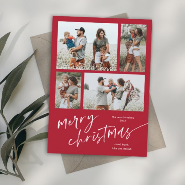 Simple Collage photo Script Joyeux Magnet de Noël (Simple red and white modern merry christmas script photo holiday magnetic card.)