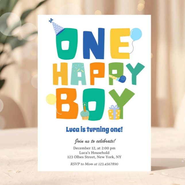 Simple Colorful One Happy Boy 1st Birthday Party  Einladung (first birthday, boy 1st birthday, boho first birthday, retro boy birthday, Blue and green invitation)