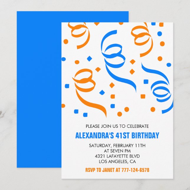 Simple Confetti 41. Geburtstag Einladungen Blau (Vorne/Hinten)