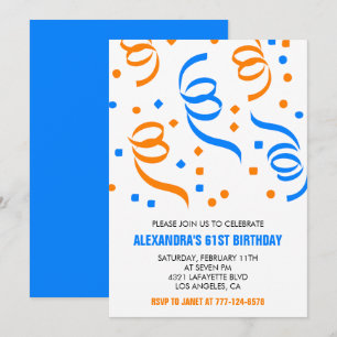 Simple Confetti 61. Geburtstag Einladungen Blau