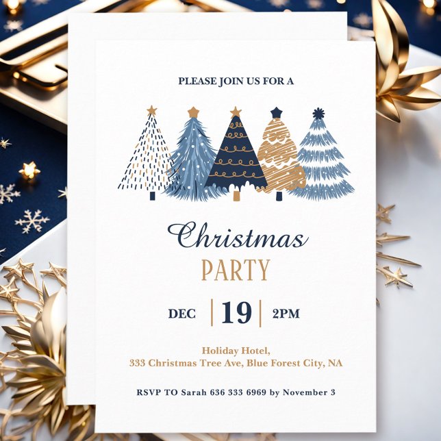 Simple Corporate Blue Christmas Trees Party Einladung (Simple Corporate Blue Christmas Trees Party Invitation)