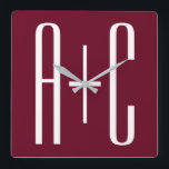 Simple Couples Initials | White & Burgundy Quadratische Wanduhr<br><div class="desc">Classy, bold & modern.</div>