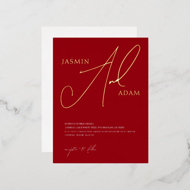 Simple Crimson Red Script Wedding Gold Folie Einladungspostkarte (Vorderseite/Rückseite)
