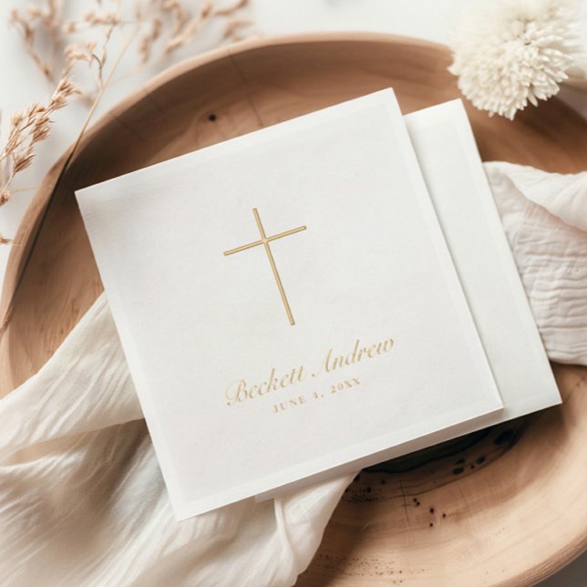 Simple Croix dorée en écriture  (Elegant Gold Foil Cross Simple Baptism Napkins.)