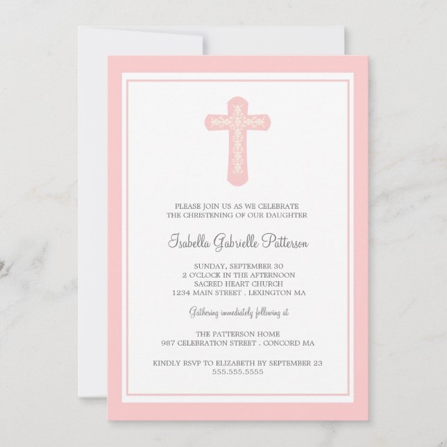 Simple Croix rose Fille Christening Invitation (Devant)