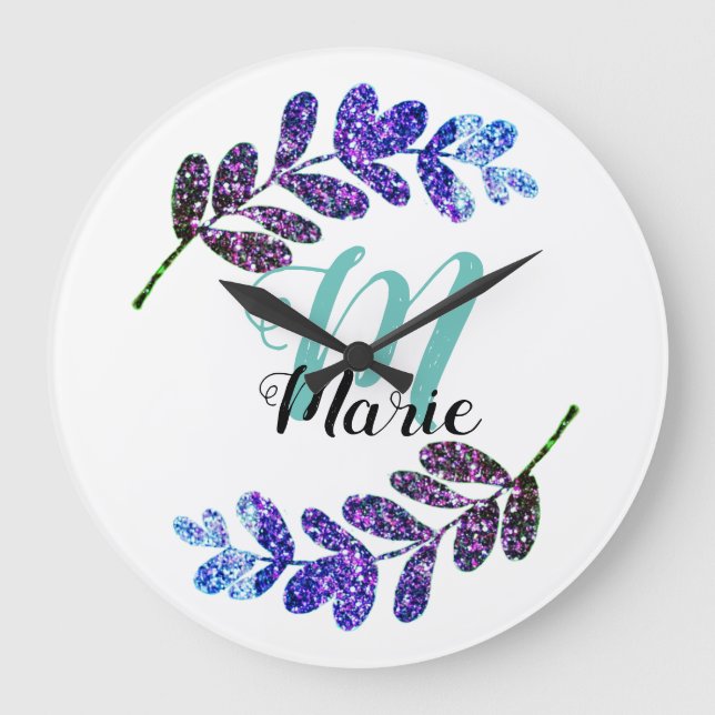 simple custom blue purple black leaves add your  t große wanduhr (Vorderseite)