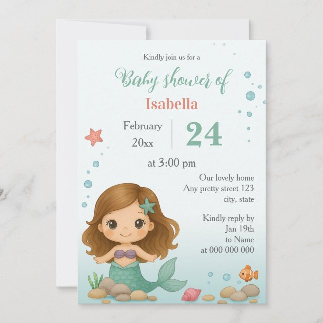 Simple cute little mermaid baby shower invitation einladung (Vorderseite)