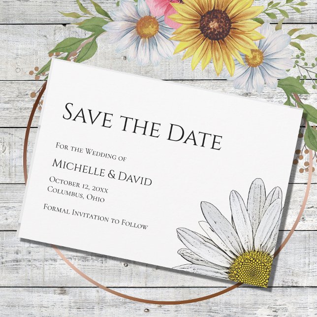 Simple Daisy Floral Wedding Schwarz-weiß Save The Date (Von Creator hochgeladen)