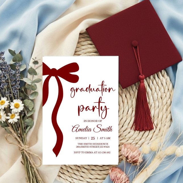 Simple  Deep Red Bow graduation party invitation (Créateur téléchargé)