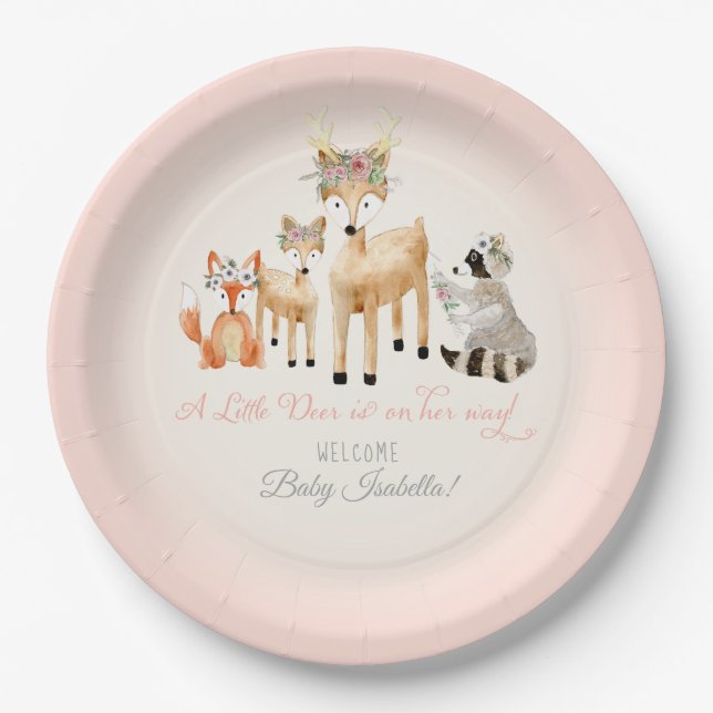 Simple Deer Antler Woodland Animals Baby Girl Pappteller (Vorderseite)