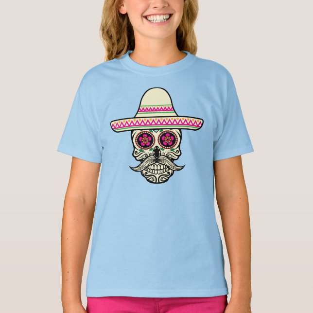 Simple Dia de Muertos Skull mit Hat Sleeve Shirt (Vorderseite)