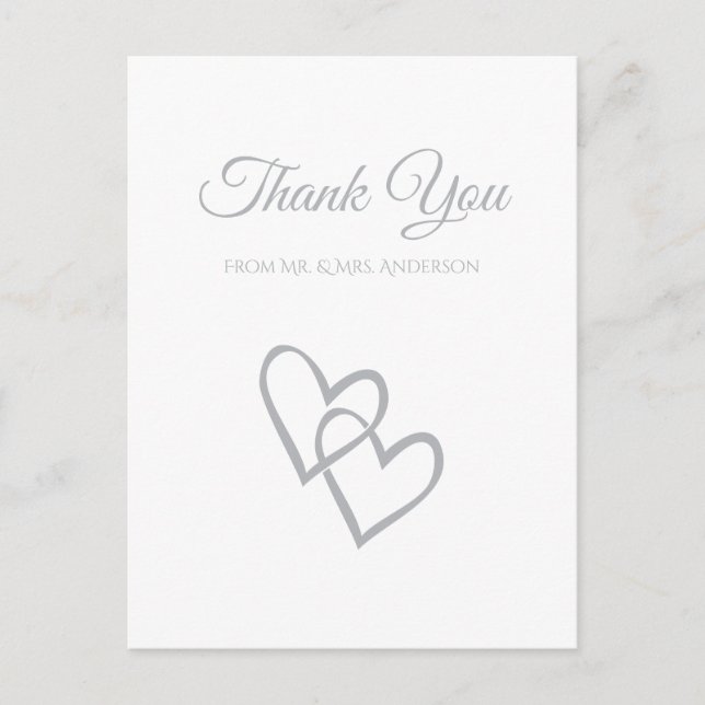 Simple Double Heart Gray Wedding Vielen Dank Postkarte (Vorderseite)