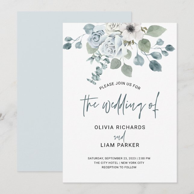 Simple Dusty Blue Floral and Eukalyptus Wedding Einladung (Vorne/Hinten)