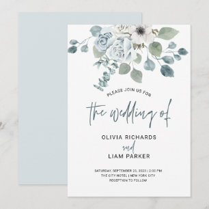 Simple Dusty Blue Floral and Eukalyptus Wedding Einladung