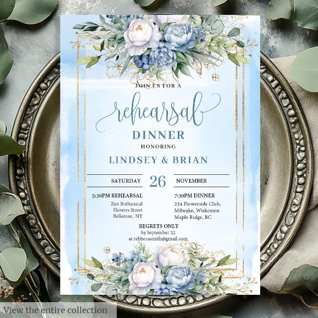 Simple Dusty Blue Floral Gold Frame Invitation (Simple Dusty Blue Floral Gold Frame Dinner Invite)