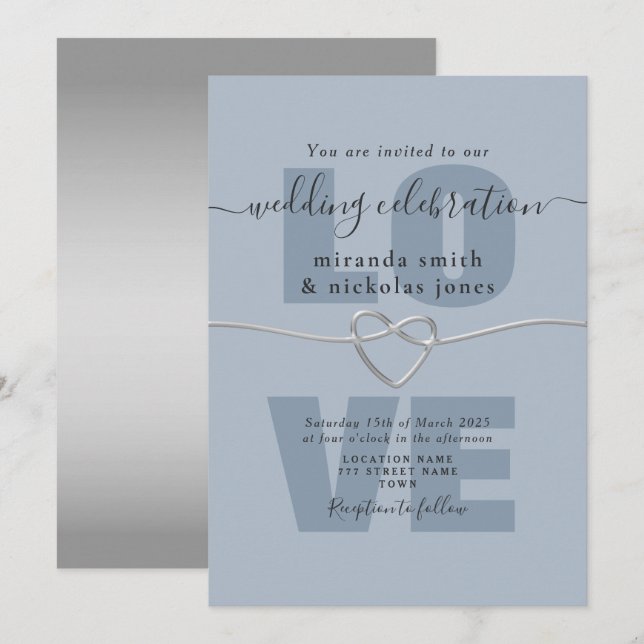 Simple Dusty Blue Love Script Faire-part de mariag (Devant / Derrière)