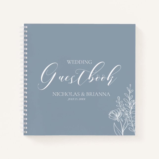Simple Dusty Blue Minimal Floral Wedding Guestbook Notizbuch (Vorderseite)