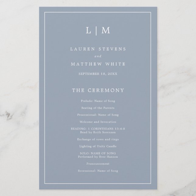 Simple Dusty Blue Monogram Elegant Wedding Program Flyer (Vorne)