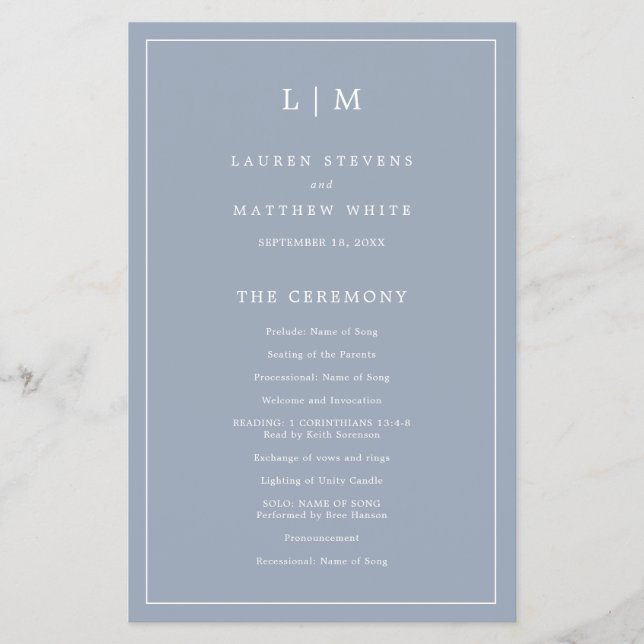 Simple Dusty Blue Monogram Elegant Wedding Program Flyer (Vorne)