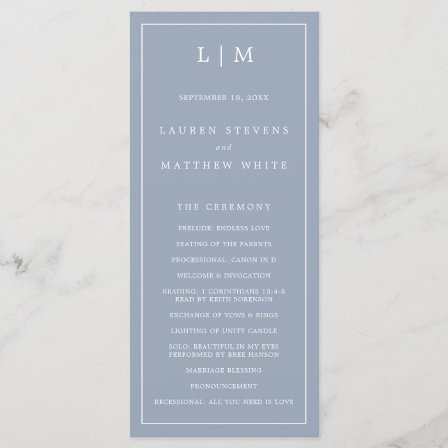 Simple Dusty Blue Monogram Elegant Wedding Programm (Vorderseite)