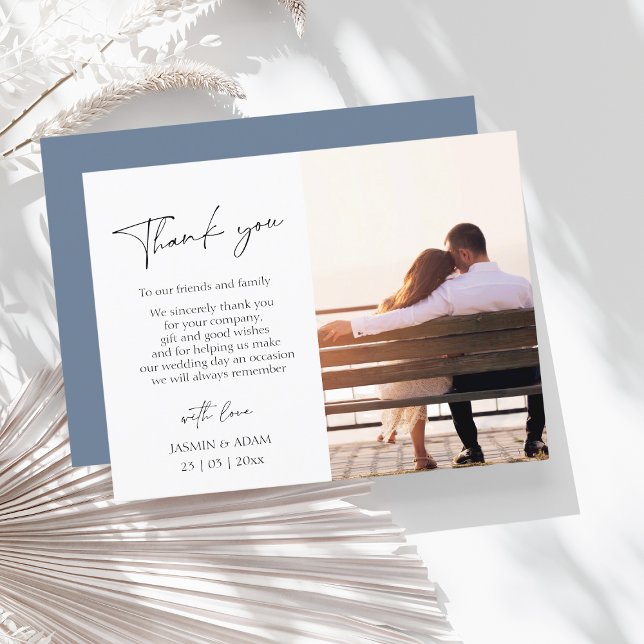 Simple Dusty Blue Script Foto Wedding Vielen Dank Postkarte (Von Creator hochgeladen)