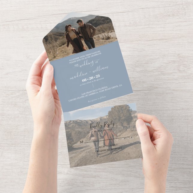 Simple Dusty Blue Trendy Foto Wedding All In One Einladung (Abreißen)