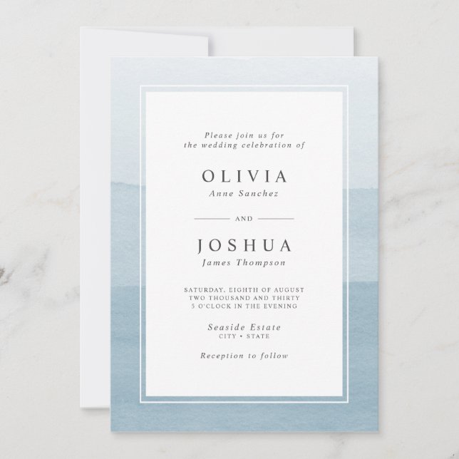 Simple Dusty Blue Watercolor Ombre Wedding Einladung (Vorderseite)