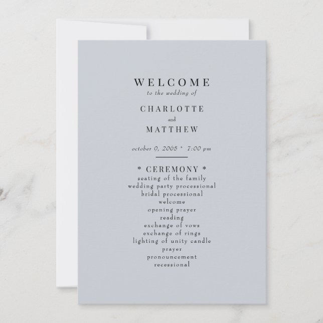 Simple Dusty Blue Wedding Programme (Devant)