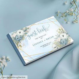Simple Dusty Blue White Gold Blume Gästebuch