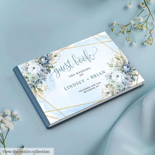Simple Dusty Blue White Gold Blume Gästebuch (Glam Blue Peonies White Gold Wedding Guest Book

)