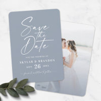 Simple Dusty Blue with Script and Photo Wedding