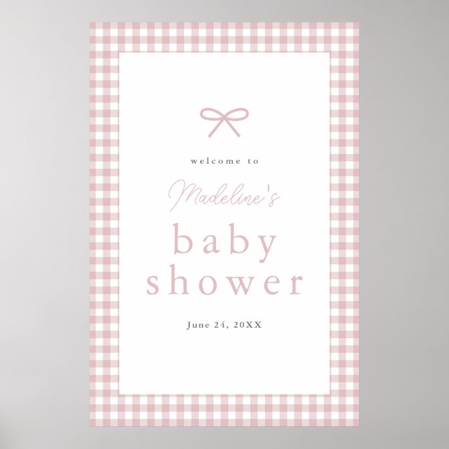 Simple Dusty Pink Gingham Girl Baby Dusche Willkom Poster (Vorne)