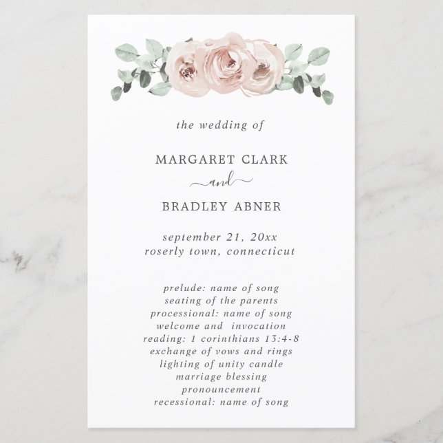 Simple Dusty Rose Floral Elegantes Hochzeitsprogra (Vorderseite)