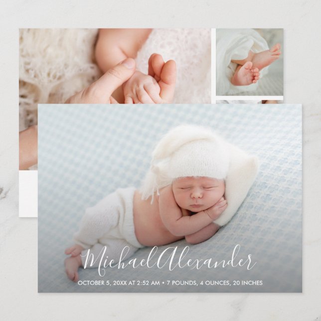 Simple Elegance Baby Boy Foto Birth Ankündigung (Vorne/Hinten)