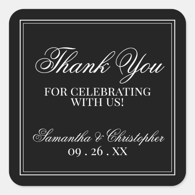 Simple Elegance Black Wedding Vielen Dank Quadratischer Aufkleber (Vorderseite)