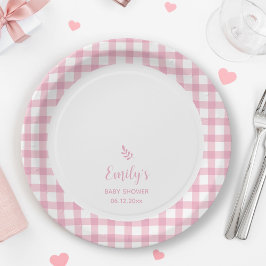 Simple Elegant Baby Pink Gingham Girl Baby Shower Pappteller