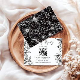 Simple Elegant Black White Floral QR Code Wedding RSVP Karte